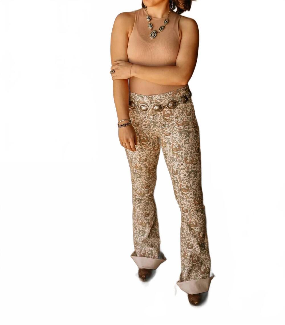 NEW ROCK & ROLL DENIM reversible floral horse shoe flare pants in beige